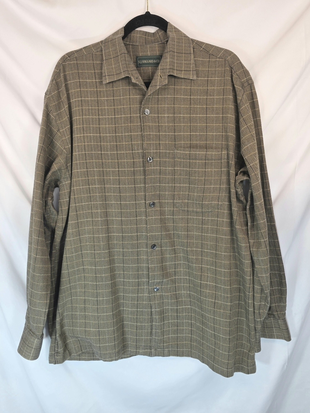 Vintage SJ Haggard Co Mens L Shirt Brown Windowpane Plaid Long Sleeve Button